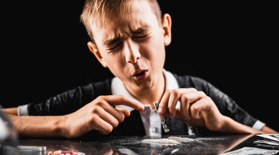 Image of a teen with his eyes closed and cocaine powder in front of hom on a table - Signs of Teenage Drug Abuse