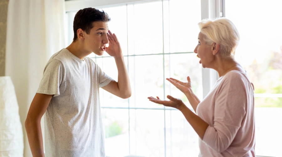 Image of an adolescent male in a heated discussion with his mother