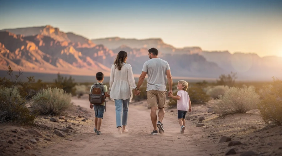 A family of four walking together on a desert trail at sunset, with red rock mountains in the background shows the concept of FAQs on teen treatment programs from parents and family members