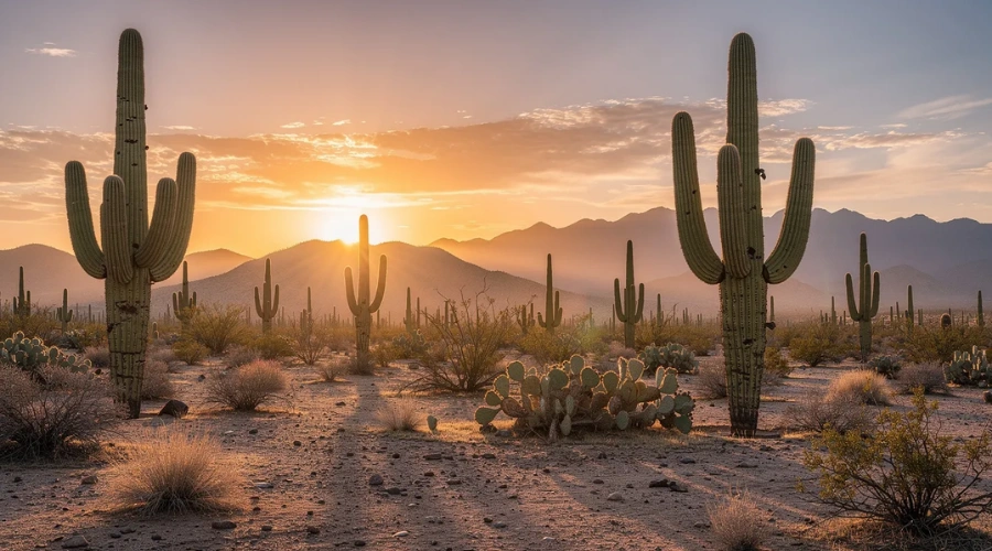 Image of Arizona desert landscape at sunset with tall saguaro cacti and distant mountains shows the concept of teen rehab questions and resource for parents