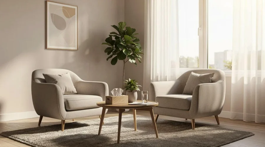 Image of a calm, home-like lounge area inside a residential teen rehab facility shows the concept of does aetna cover inpatient rehab for teens