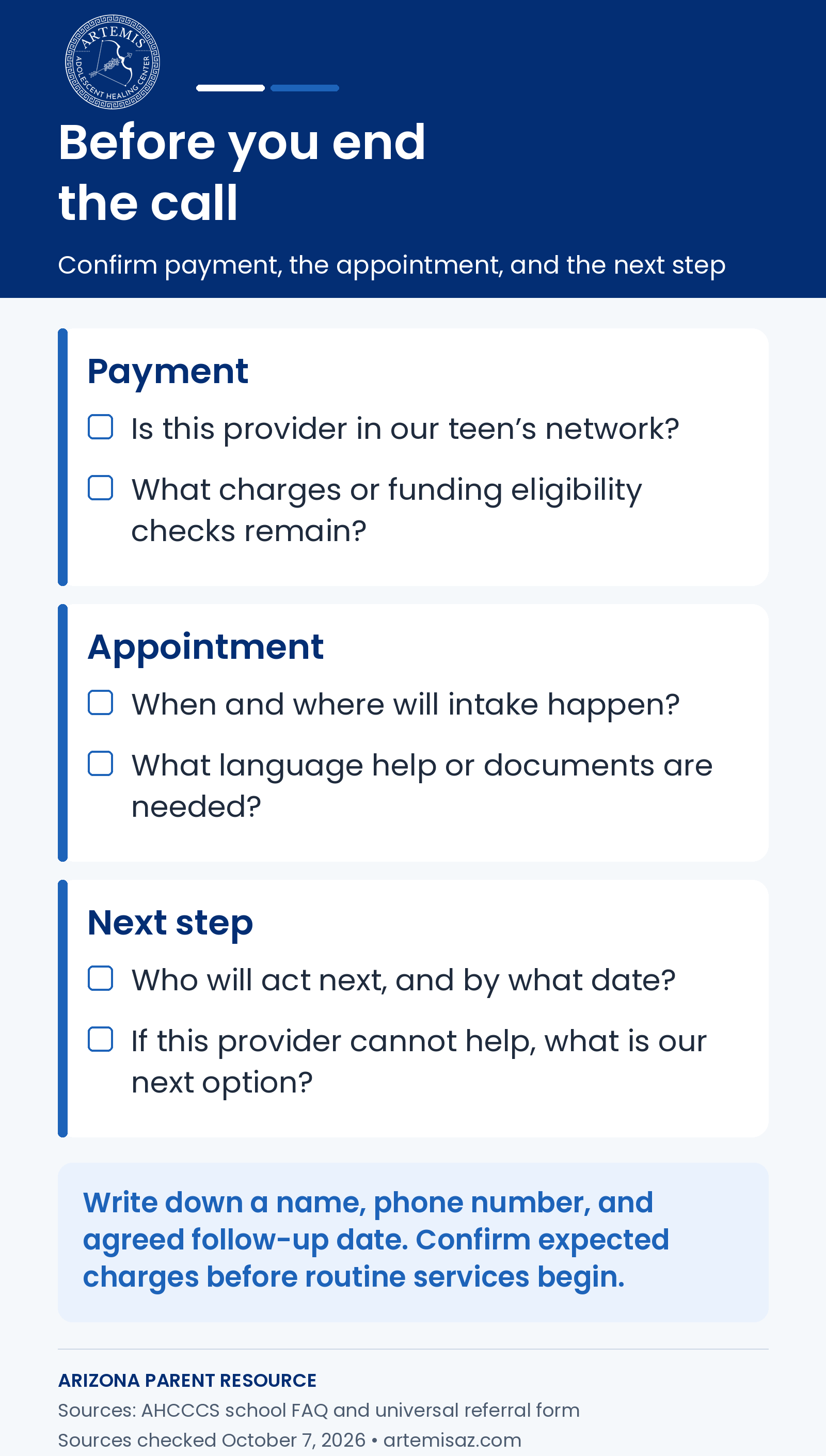 Six questions to confirm payment, an intake appointment, and the next step before ending a school referral call.